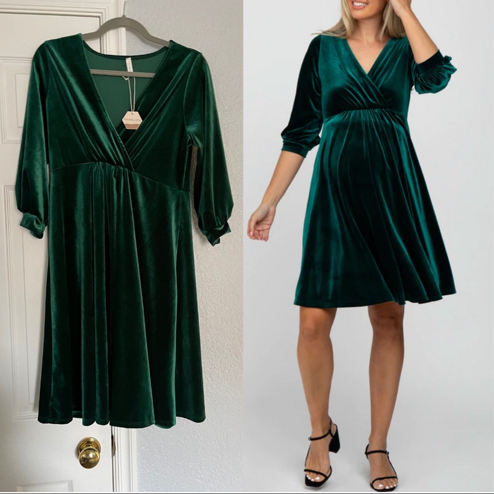 NWT PinkBlush Green Velvet Wrap Front Babydoll Maternity Dress size Large
